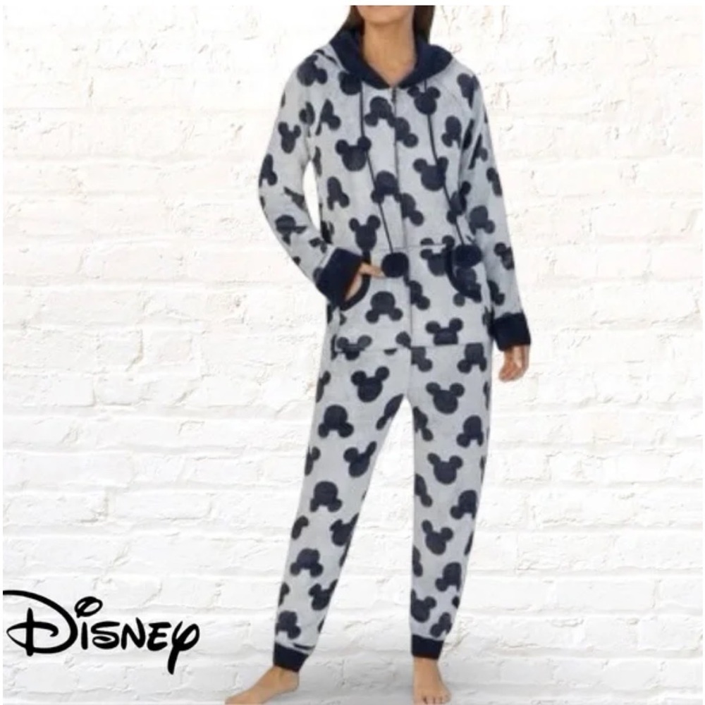 Disney Mickey Mouse Pajamas Adult Onesie w/ Hood Mickey Ears size S fleece blue